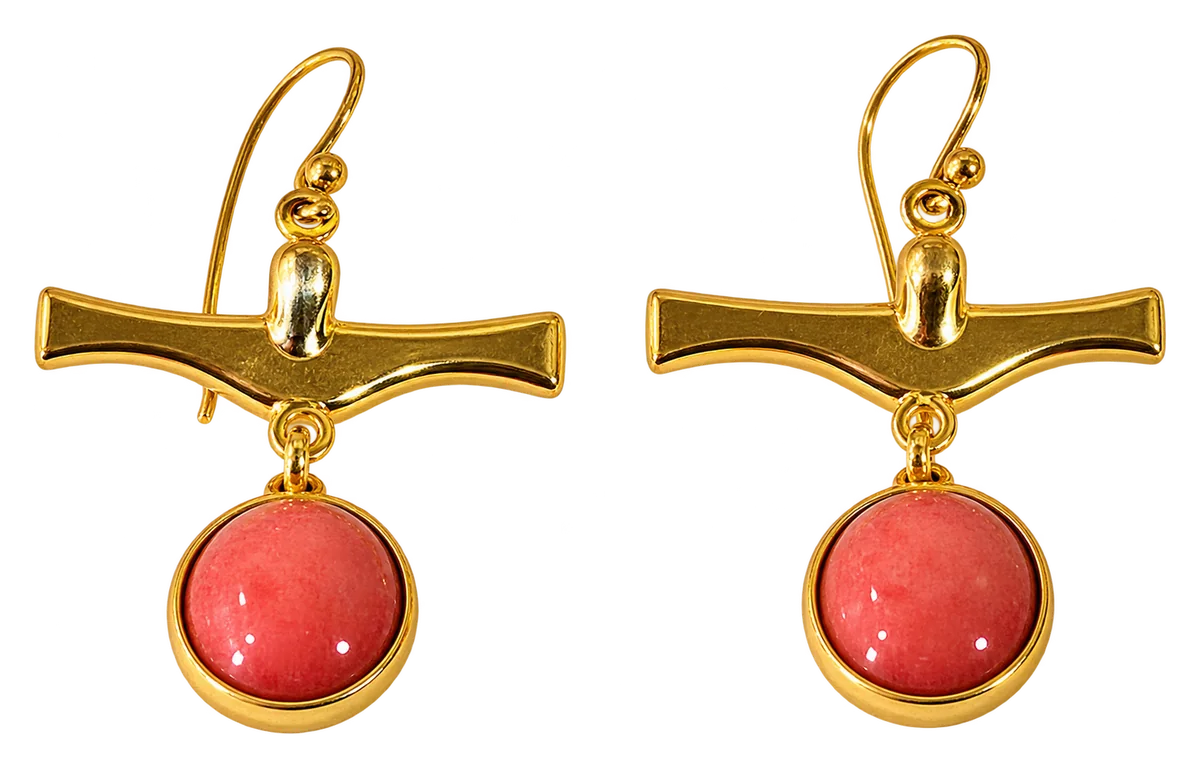 Par de aretes de gancho con silueta dorada y cabujón rosa redondo